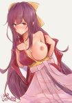  1girl artist_name bare_shoulders blush breasts breasts_outside hair_ribbon hakama hazuki_futahi highres japanese_clothes kamikaze_(kantai_collection) kantai_collection kimono large_breasts long_hair meiji_schoolgirl_uniform nipples open_clothes open_kimono pink_hakama purple_eyes purple_hair ribbon simple_background solo white_background yellow_ribbon 