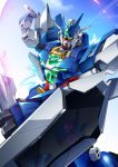  alus_core_gundam beam_saber dual_wielding earthree_gundam gamiani_zero glowing glowing_eyes green_eyes gundam gundam_build_divers gundam_build_divers_re:rise highres holding holding_weapon looking_ahead mecha no_humans reflection shield sky solo solo_focus weapon 