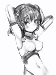  1girl blush breasts closed_mouth copyright_request covered_nipples elbow_gloves eyebrows_visible_through_hair gloves greyscale hands_up highres looking_at_viewer medium_breasts monochrome nanashi_(nlo74593630) navel short_hair simple_background solo stomach twintails white_background 