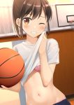  ;d absurdres apollo_(hu_maple) ball bangs basketball basketball_hoop blush bra bra_peek breasts brown_hair eyebrows_visible_through_hair grin gym highres holding holding_ball indoors lifted_by_self looking_at_viewer navel one_eye_closed open_mouth orange_eyes original panties panty_peek pink_bra pink_panties ponytail shirt shirt_lift short_hair short_sleeves sidelocks small_breasts smile stomach sweat swept_bangs teeth underwear upper_body white_shirt 