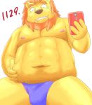  2016 anthro belly bulge clothing felid kemono lion male mammal misterdonn moobs navel nipples overweight overweight_male pantherine phone simple_background solo underwear white_background 