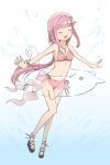  1girl alternate_costume bangs bare_shoulders bikini black_footwear blunt_bangs breasts closed_eyes eyebrows_visible_through_hair full_body hair_ornament highres kinfuji long_hair magia_record:_mahou_shoujo_madoka_magica_gaiden mahou_shoujo_madoka_magica midriff navel open_mouth outstretched_arms pink_bikini pink_hair sandals small_breasts solo spread_arms swimsuit tamaki_iroha white_background 