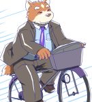  2016 anthro bicycle bottomwear canid canine canis clothing domestic_dog eyes_closed humanoid_hands kemono male mammal misterdonn necktie pants shirt sitting slightly_chubby solo topwear 
