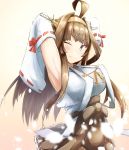  1girl ahoge arms_behind_head arms_up beige_background brown_hair brown_skirt commentary_request detached_sleeves double_bun gradient gradient_background hairband headgear highres japanese_clothes kantai_collection kongou_(kantai_collection) long_hair looking_at_viewer one_eye_closed purple_eyes ribbon-trimmed_sleeves ribbon_trim skirt solo yomitsuna 