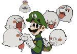  2boys basket blue_eyes boo_(mario) brown_hair candy crown facial_hair food gem ghost gloves hat king_boo luigi luigi&#039;s_mansion male_focus mario_(series) mimimi_(mimimim9999) multiple_boys mustache open_mouth overalls shirt short_hair 