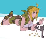  1girl bandana black_wristband blonde_hair boots break_action brown_socks bullet combat_boots commentary crop_top green_bandana green_jacket green_shorts grin gun holding holding_bullet holding_gun holding_weapon jacket kasamoto_eri knee_pads looking_to_the_side lying metal_slug reloading revolver short_shorts shorts sidelocks smile socks solo urasato weapon wristband 