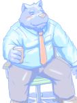  2016 anthro blush bottomwear canid canine canis chair clothing domestic_dog eyes_closed furniture humanoid_hands kemono male mammal misterdonn necktie overweight overweight_male pants shirt solo topwear 