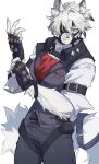  01gaaa 1boy absurdres animal_ear_fluff animal_ears arm_belt belt belt_buckle black_belt black_gloves black_hair body_fur breast_pocket buckle chest_harness closed_mouth collared_vest commentary_request cowboy_shot eyepatch fingerless_gloves glove_pull gloves grey_pants grey_vest hair_between_eyes hands_up harness highres lapels looking_at_viewer male_focus multicolored_hair muzzle one_eye_covered pants pocket red_eyes shirt short_hair short_sleeves simple_background smile solo standing streaked_hair tail tail_belt thigh_strap vest von_lycaon white_background white_fur white_hair white_shirt wolf_boy wolf_ears wolf_tail zenless_zone_zero 
