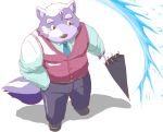  2015 anthro bottomwear canid canine canis clothing fur humanoid_hands kemono male mammal misterdonn necktie pants purple_body purple_fur shirt simple_background slightly_chubby solo topwear white_background wolf 