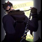 1boy animal_collar animal_ears bara belt black_hair blue_hair caution_tape chain collar crave_saga dog_ears dog_tail ear_piercing extra_ears feet_out_of_frame fingerless_gloves gae_bolg_(crave_saga) gloves jacket leather leather_belt looking_at_viewer male_focus manly mature_male multicolored_hair muzzle nattukre piercing scar scar_on_face scar_on_shoulder short_hair solo spiked_hair tail thick_arms thick_eyebrows yellow_eyes 