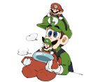  2boys among_us blue_eyes blue_overalls brown_hair crossover facial_hair gloves green_shirt hat highres luigi male_focus mario mario_(series) mimimi_(mimimim9999) multiple_boys mustache open_mouth overalls red_(among_us) shirt short_hair 