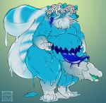  anthro balls belly big_balls big_belly big_penis blue_goo blue_tongue canid canine covered_eyes digitigrade dripping drippy genitals gnarlybastard goo_creature green_drool huge_penis humanoid male mammal mephitid mop neck_tuft penis penis_maw penis_mouth raccoon_dog skunk slime snout solo standing stomach_mouth tanuki tongue tongue_out tuft white_penis 