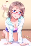  1girl :p all_fours aqua_hoodie blue_eyes blue_shorts blush breasts brown_hair ckst cleavage downblouse drawstring heart highres hood hoodie looking_at_viewer love_live! love_live!_school_idol_project love_live!_sunshine!! mannequin medium_breasts red-framed_eyewear ruler semi-rimless_eyewear short_hair shorts solo tongue tongue_out under-rim_eyewear watanabe_you wooden_floor 