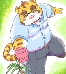  2019 anthro blush bottomwear clothing eyes_closed eyewear felid glasses humanoid_hands kemono male mammal misterdonn overweight overweight_male pantherine pants pink_nose shirt solo tiger topwear 