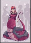  armless black_border blush border clothed clothing female gamera_(artist) green_eyes hair hi_res lamia not_furry red_hair reptile scalie scarf serpentine snake solo 