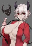  1girl alcohol bottle breasts cleavage demon_girl demon_horns demon_tail helltaker highres holding holding_bottle horn horns large_breasts looking_at_viewer malina_(helltaker) navel no_bra open_clothes open_shirt red_eyes red_shirt shiny shiny_hair shiny_skin shirt short_hair silver_hair solo standing succubus tail uchisukui vodka wavy_mouth 