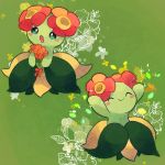  1:1 bellossom blush carrying detailed_background digital_media_(artwork) elemental_creature expressions eyes_closed female flora_fauna flower green_background green_body green_eyes happy leaf multiple_images nintendo open_mouth plant pok&eacute;mon pok&eacute;mon_(species) simple_background smile solo video_games zoroa553 