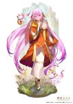  1girl akira_hou finger_to_mouth flower fox gradient_hair hair_ornament highres holding japanese_clothes kimono long_hair multicolored_hair omuro_musume original pink_eyes pink_hair plant purple_hair rosary solo vase very_long_hair 