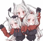  3girls :d animal_ears black_gloves black_neckwear black_tail blush breast_grab breasts cerberus_(helltaker) collared_shirt demon_girl demon_tail dog_ears dog_girl eyebrows_visible_through_hair fang fork gloves grabbing hand_on_another&#039;s_head hand_on_breast helltaker highres knife long_hair looking_at_viewer medium_breasts monster_girl multiple_girls necktie neckwear nwny_psn_ver2 open_mouth red_eyes red_shirt shirt siblings simple_background sisters small_breasts smile tail triplets upper_body white_background white_hair 