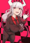 1girl black_suit black_tail breasts business_suit cup demon_horns drinking_glass formal from_above helltaker highres horns large_breasts long_hair looking_at_viewer lucifer_(helltaker) mole mole_under_eye necktie pant_suit red_eyes red_shirt sharp_teeth shiny shiny_hair shirt silver_hair smile solo standing suit teeth tongue uchisukui white_horns wine_glass 