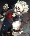  1boy absurdres animal_ear_fluff animal_ears arm_belt artist_name belt belt_buckle black_belt black_gloves black_hair blurry blurry_background body_fur buckle buttons closed_mouth collared_vest commentary double-breasted english_commentary expressionless eyepatch fingerless_gloves furry furry_male gloves grey_vest hair_between_eyes hand_on_own_hip hand_up highres holding holding_pocket_watch lapels looking_at_viewer looking_to_the_side male_focus multicolored_hair muzzle one_eye_covered pocket_watch red_hair sammy_(freezingsammy) shirt short_hair short_sleeves signature solo standing streaked_hair tail tail_belt tile_floor tiles vest von_lycaon watch white_fur white_hair white_shirt wolf_boy wolf_ears wolf_tail zenless_zone_zero 