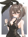  1girl alternate_costume animal_ears black_neckwear blush breasts brown_eyes brown_hair bunny_ears bunny_tail bunnysuit cuff_links detached_collar embarrassed eyebrows_visible_through_hair fake_animal_ears headband kantai_collection kasashi_(kasasi008) necktie small_breasts solo taihou_(kantai_collection) tail upper_body 