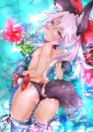  1girl anal anal_object_insertion animal_ears ass back bangs bikini black_bikini black_legwear blush bow breasts cat_ears chloe_von_einzbern collar dark_skin fate/kaleid_liner_prisma_illya fate_(series) flower hair_between_eyes hair_bow highres long_hair looking_at_viewer looking_back mezashi_gohan object_insertion open_mouth orange_eyes partially_submerged pink_hair ponytail red_bow sidelocks small_breasts sparkle swimsuit tail thighhighs thighs untied untied_bikini water wedgie 
