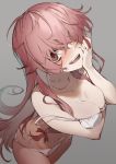  1girl bare_arms bare_shoulders bra breasts cleavage collarbone commentary_request from_above gasai_yuno grey_background hair_over_one_eye highres long_hair looking_at_viewer mirai_nikki navel panties pink_eyes pink_hair red_eyes simple_background smile solo underwear upper_teeth white_bra white_panties yuuuuu 