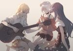  3girls acoustic_guitar arm_support azusa_mifuyu backlighting bare_arms bare_legs bare_shoulders black_choker black_dress black_neckwear blonde_hair blue_eyes blue_hair blurry blurry_background breasts choker closed_eyes closed_mouth collarbone collared_shirt colored_eyelashes depth_of_field die_(die0118) dress earrings eyebrows_visible_through_hair facing_viewer feet_out_of_frame gradient gradient_background grey_background guitar hair_between_eyes half-closed_eyes hands_up instrument jewelry knees_together_feet_apart light_particles light_smile long_hair looking_down magia_record:_mahou_shoujo_madoka_magica_gaiden mahou_shoujo_madoka_magica medium_breasts multiple_girls music nanami_yachiyo off-shoulder_dress off-shoulder_shirt off_shoulder orange_sailor_collar orange_skirt parted_lips playing_instrument polka_dot polka_dot_dress puffy_sleeves purple_eyes ring sailor_collar shaded_face shiny shiny_hair shirt short_hair short_sleeves sideboob sidelocks simple_background sitting skirt small_breasts soul_gem spaghetti_strap stool straight_hair thighs upper_body white_hair white_shirt yukino_kanae 