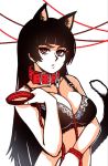  1girl akairiot animal_ears bangs between_breasts black_bra black_hair blunt_bangs bra breasts cat_ears cat_girl cat_tail cleavage collar dog_collar friendly_mutton_chops highres holding_leash large_breasts leash lingerie original red_eyes red_string solo string tail thick_eyebrows underwear upper_body 