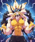  4_arms 5_fingers abs absurd_res anthro anthrofied armor biceps black_bottomwear black_clothing blue_eyes bottomwear bulge claws clothed clothing dusk_mane_necrozma fingers hi_res legendary_pok&eacute;mon male mane multi_arm multi_limb muscular muscular_male myiko nintendo pecs pok&eacute;mon pok&eacute;mon_(species) pok&eacute;morph smile smirk solo spikes topless video_games white_body white_mane yellow_body 