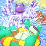  1:1 2014 anthro bathing belly brown_body brown_fur canid canine canis clothing domestic_dog fur green_body green_fur group kemono male mammal misterdonn overweight overweight_male purple_body purple_fur sitting swimwear water 