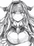  1girl ahoge blush breasts cleavage cleavage_cutout closed_mouth collared_shirt crossed_arms fingernails greyscale hair_ornament hairband highres hololive horns huge_breasts kiryuu_coco long_hair looking_at_viewer monochrome nanashi_(nlo74593630) shirt smile solo upper_body wing_collar 
