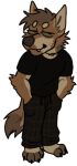 alpha_channel anthro arm_tuft astrayd0g barefoot black_clothing black_shirt black_t-shirt black_topwear bottomwear brown_bottomwear brown_clothing brown_hair brown_nose brown_pants brown_sclera brown_toes canid canine canis circle_eyebrows clothed clothing countershading coyote dawg_(astrayd0g) dingo domestic_dog elbow_tuft eyebrows fangs feet full-length_portrait fully_clothed german_shepherd hair half-closed_eyes hands_in_both_pockets herding_dog hindpaw hybrid jewelry male mammal narrowed_eyes necklace pants pastoral_dog paws portrait shirt simple_background smile solo standing t-shirt tan_body tan_countershading tan_eyebrows tan_inner_ear teeth topwear transparent_background tuft