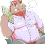  2019 anthro bottomwear clothing humanoid_hands kemono male mammal misterdonn overweight overweight_male pants shirt simple_background sitting solo suid suina sus_(pig) topwear white_background wild_boar 