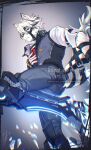  1boy animal_ear_fluff animal_ears aratakosu_(tako&#039;s) arm_belt artist_name belt belt_buckle black_belt black_choker black_gloves black_hair body_fur breast_pocket buckle chest_harness choker chromatic_aberration closed_mouth collared_vest commentary_request eyepatch fingerless_gloves from_below frown furry furry_male gloves grey_background grey_hair grey_pants grey_vest hair_between_eyes hair_intakes hand_up harness highres ice_shard lapels leg_up looking_at_viewer looking_down male_focus multicolored_hair muzzle one_eye_covered pants pocket prosthesis prosthetic_leg red_eyes shirt short_hair short_sleeves signature simple_background solo standing standing_on_one_leg streaked_hair tail tail_belt twitter_username vest von_lycaon watermark web_address white_fur white_hair white_shirt wolf_boy wolf_ears wolf_tail zenless_zone_zero 