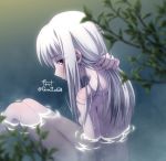  1girl artist_name bangs bathing blush breasts closed_mouth eyelashes fate/stay_night fate_(series) gyatto624 illyasviel_von_einzbern long_hair looking_at_viewer nape nude onsen red_eyes silver_hair sitting small_breasts smile thighs water 
