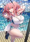  1girl against_fence armpits arms_behind_head azur_lane bangs bare_shoulders beach blush breasts bremerton_(azur_lane) bremerton_(scorching-hot_training)_(azur_lane) chain-link_fence cleavage cloud crop_top crop_top_overhang day fence grey_hair hair_between_eyes hair_ornament hairclip heart heart_necklace highres huge_breasts hyo19 long_hair looking_at_viewer mole mole_under_eye multicolored_hair narrow_waist navel navel_piercing ocean open_mouth outdoors piercing pink_eyes pink_hair racket shirt shoes sky sleeveless sleeveless_shirt smile sneakers solo sportswear streaked_hair tennis_racket tennis_uniform thighs tongue tongue_out twintails two-tone_shirt two-tone_skirt water x_hair_ornament 