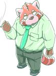  2019 ailurid anthro bottomwear clothing humanoid_hands kemono male mammal misterdonn necktie overweight overweight_male pants red_panda shirt simple_background solo topwear white_background 