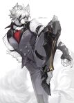  1boy animal_ear_fluff animal_ears arm_belt artist_name belt belt_buckle black_belt black_choker black_gloves body_fur breast_pocket buckle buttons choker closed_mouth collared_vest commentary double-breasted english_commentary eyepatch fingerless_gloves frown furry furry_male gloves grey_hair grey_pants grey_vest hair_between_eyes hair_intakes highres leg_up looking_at_viewer male_focus multicolored_hair muneomon_(takomon) muzzle one_eye_covered pants pocket prosthesis prosthetic_leg red_eyes shirt short_hair short_sleeves signature simple_background solo standing standing_on_one_leg tail thigh_strap twitter_username vest von_lycaon white_background white_fur white_hair white_shirt wolf_boy wolf_ears wolf_tail zenless_zone_zero 