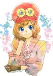  1girl blonde_hair blue_eyes commentary_request dated frilled_shirt frills gloves goggles goggles_on_headwear hanakotoba28 hand_on_own_cheek hand_on_own_face hat highres koala_(one_piece) light_brown_hair looking_to_the_side one_piece pink_shirt shirt short_hair simple_background smile solo upper_body 