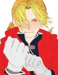  1boy bad_id bad_twitter_id blonde_hair braid braided_ponytail clenched_hand close-up coat edward_elric fullmetal_alchemist gloves hair_over_one_eye light_smile looking_at_viewer male_focus red_coat solo white_gloves wudus6 yellow_eyes 