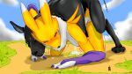 all_fours anthro bandai_namco bestiality blush bodily_fluids canid canine canis cum cum_on_ground digimon digimon_(species) domestic_dog duo female feral from_behind_position genital_fluids leaking_cum male male/female mammal mounting nahadon outside renamon sex