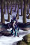 2020 arati arativulpes blue_body blue_fur blue_hair digital_media_(artwork) digitigrade feathered_wings feathers female feral fexneel_(character) fexneel_denisse fluffy fluffy_ears fluffy_tail footprint forest fur hair heterochromatic_eyes hi_res looking_at_viewer mammal pawprint plant snout snow solo stripes tail tree wings