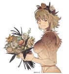  1girl blonde_hair bouquet breasts dungeon_meshi falin_thorden feathers head_wreath highres holding holding_bouquet kimsun_28 light_blush medium_breasts nude second-party_source short_hair smile spoilers upper_body white_background yellow_eyes 