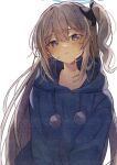  1girl blue_archive blue_halo blue_hoodie blush braid grey_hair hair_between_eyes halo highres hood hood_down hoodie long_hair long_sleeves looking_at_viewer miyako_(blue_archive) naoton one_side_up open_mouth purple_eyes simple_background solo upper_body white_background 