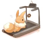  :p animal_focus brown_eyes brown_fur commentary_request doughnut eevee food hanging_food highres mane mimix no_humans pawpads pokemon pokemon_(creature) running signature simple_background sweat tail tongue tongue_out treadmill white_background 