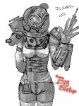  1girl arm_behind_back arm_mounted_weapon armor belt big_sister bioshock_(series) bioshock_2 breasts curvy diving_helmet diving_suit dry_suit facing_viewer gloves greyscale helmet monochrome needle oxygen_tank pauldrons shion_humine shoulder_armor solo standard_diving_dress waving weapon white_background 