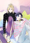  2boys black_hair black_sweater blonde_hair blue_eyes blue_hair half_updo high_ponytail highres hikage_toma jewelry looking_at_viewer male_focus multicolored_background multicolored_hair multiple_boys necklace open_mouth paradox_live pillow pink_background polka_dot polka_dot_background purple_eyes shirt sitting smile star_(symbol) sweater teeth turtleneck turtleneck_sweater white_background white_shirt yamato_shogo yuz46 