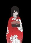  1girl black_background black_hair enma_ai floral_print highres hime_cut japanese_clothes jigoku_shoujo kakeami kimono obi red_eyes red_kimono sash sleeves_past_fingers sleeves_past_wrists solo wide_sleeves yukata 